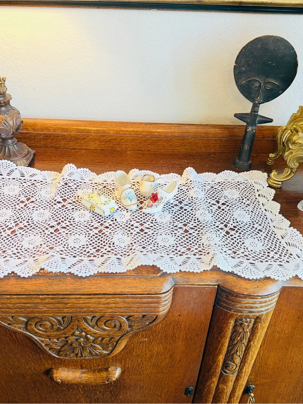 Vintage Porcelain Shoe Trio-English Trinket Box-Crochet Runner Bundle